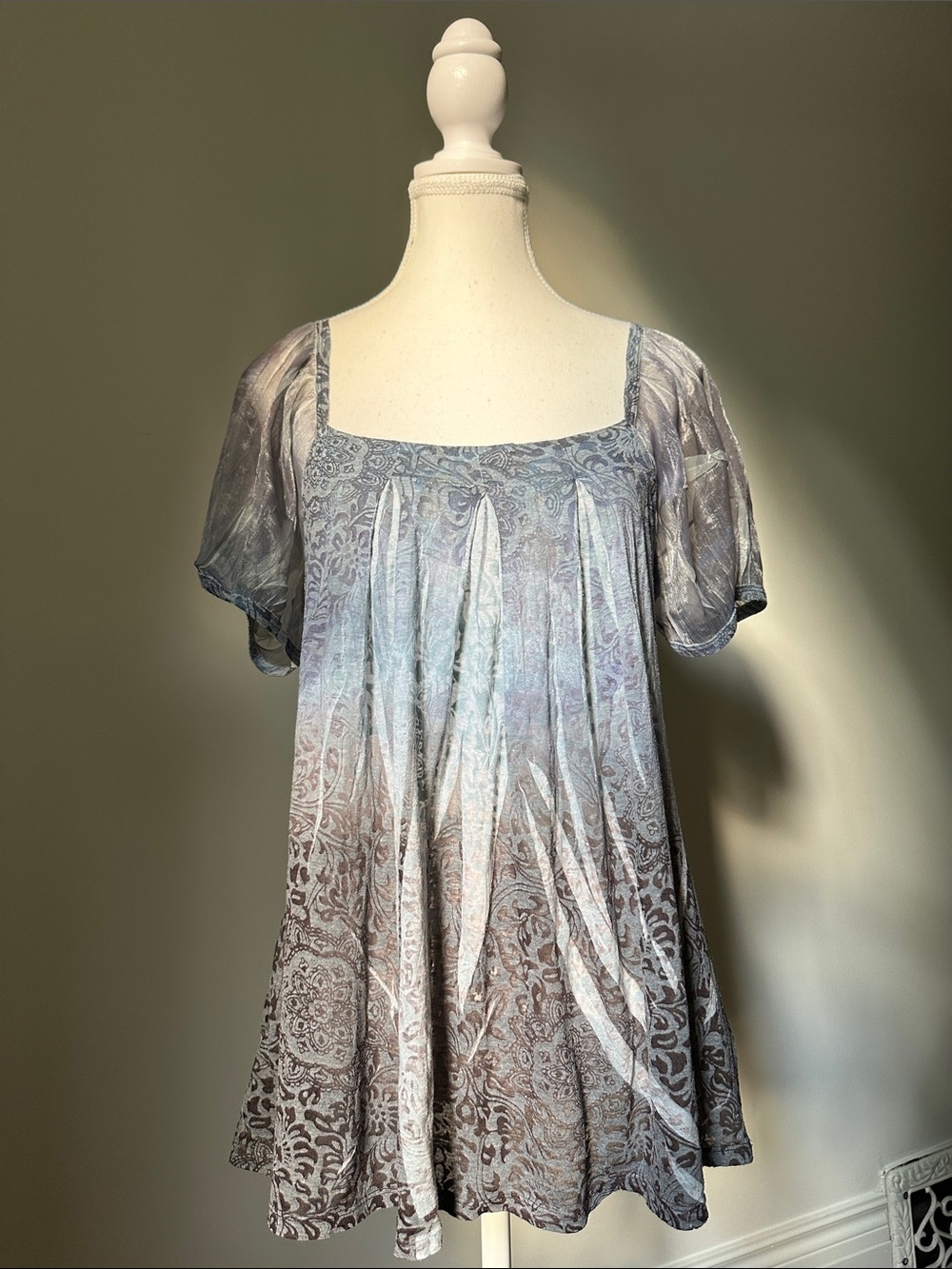 CAUSAL FREEDOM Y2K Square Neck Burnout Paisley Sheer Short Sleeve Large *DAMAGE*